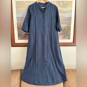 Nap Casual Relaxed Shirtdress Loungewear Navy Blue Button-Up Midi Dress